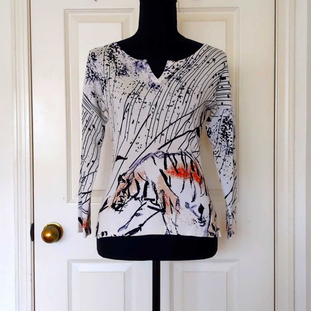NWOT. Mark Richards Silk and Spandex Long Sleeve Multi Color Design Knit Top.